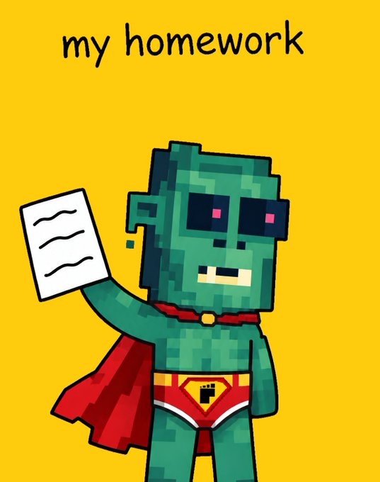 A pixel art illustration of a green zombie-like character wearing a red superhero cape and underwear, holding up a paper with wavy lines, under the text 'my homework' on a yellow background.