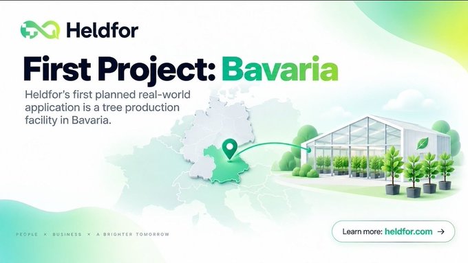 A promotional graphic from Heldfor announces their "First Project: Bavaria," featuring a map pin on Bavaria and an illustration of a tree production greenhouse, highlighting their first real-world application as a sustainable tree production facility in Bavaria, Germany.