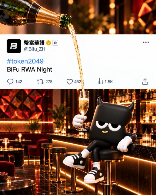 Twitter/X post from @Bifu_ZH (幣富華語) promoting '#token2049 BiFu RWA Night' with 1.5K views, featuring a 3D black devil character holding champagne next to a bottle pouring sparkling wine.