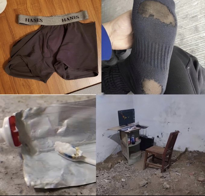 A four-panel collage depicting a Hanes brown underwear, a worn blue sock with large holes, an empty moldy container with a spoon, and a dilapidated computer desk setup in a run-down room.