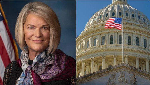 The image shows Senator Cynthia Lummis, identifiable by her official portrait with an American flag backdrop, alongside a photo of the U.S. Capitol building with its iconic dome and flag.

The image visually reinforces the post's message that only Congress—not agencies like the CFTC or Treasury—holds the authority to regulate crypto markets, create sanctions rules, and protect developers from overreach.