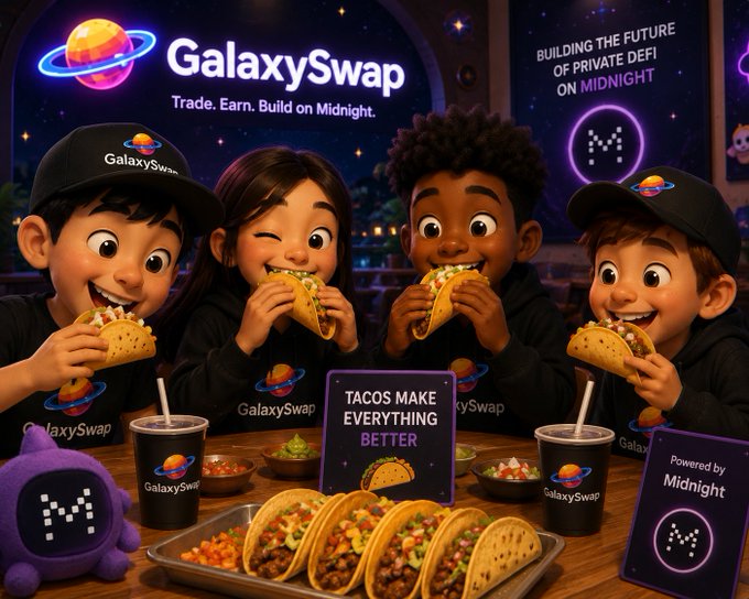 An advertisement for 'GalaxySwap' featuring animated children in GalaxySwap hats eating tacos, with text 'Trade. Earn. Build on Midnight' and 'BUILDING THE FUTURE OF PRIVATE DEFI ON MIDNIGHT.'