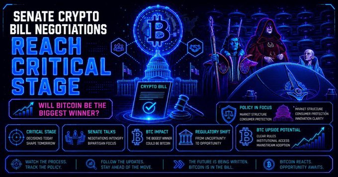 Crypto-themed infographic titled "SENATE CRYPTO BILL NEGOTIATIONS REACH CRITICAL STAGE" featuring Bitcoin imagery, US Capitol, and robed figures, with sections like "WILL BITCOIN BE THE BIGGEST WINNER?" and "BTC UPSIDE POTENTIAL".