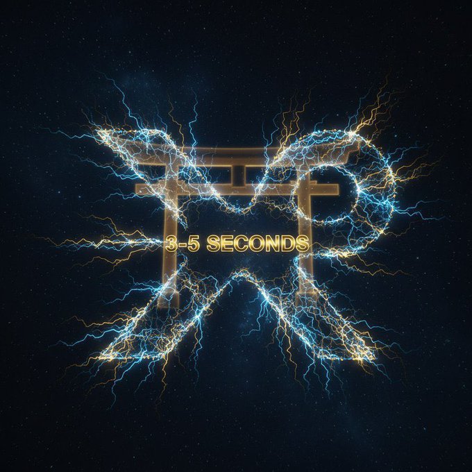 A dramatic graphic featuring a glowing gold XRP (Ripple) logo surrounded by electric blue lightning bolts against a starry space background, with the text "3-5 SECONDS" across the center.