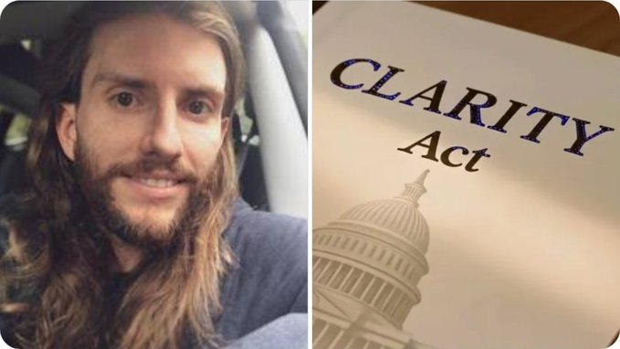 A man with long hair and a beard (likely Chris Barrett) is pictured alongside an image of a document titled "CLARITY Act" featuring an illustration of the U.S. Capitol dome. The image visually supports the post's message about Chainlink's Chris Barrett discussing America's leadership and the upcoming Clarity Act legislation.
