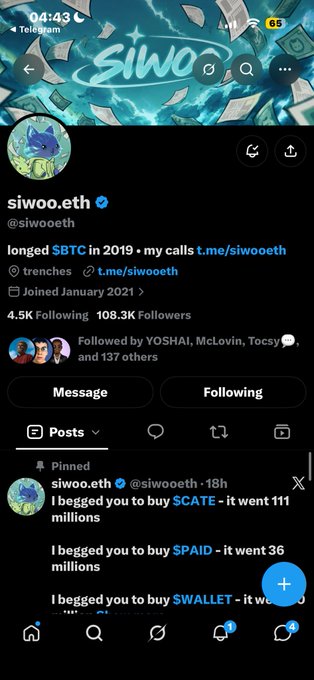 A screenshot of an X (formerly Twitter) profile for "siwoo.eth" (@siwooeth), who joined January 2021 and has 108.3K followers. The pinned post lists cryptocurrency calls, including $CATE, $PAID, and $WALLET.