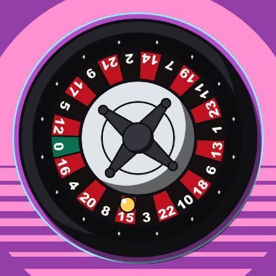 An illustration of a roulette wheel with red and black numbered pockets and a yellow ball on a pink and purple striped background.