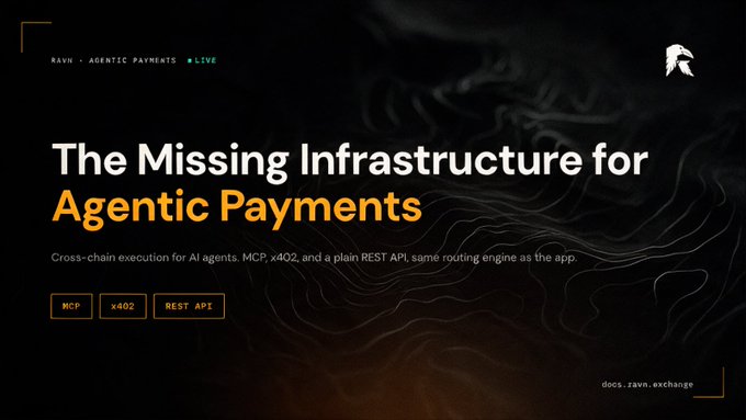 A promotional graphic with a dark, smoky background reading 'The Missing Infrastructure for Agentic Payments' by 'RAVN - AGENTIC PAYMENTS', featuring buttons for 'MCP', 'x402', and 'REST API', with 'docs.ravn.exchange' in the corner.