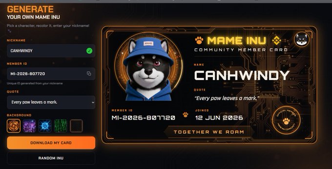 The image shows a screenshot of a computer screen with a profile picture of a black and white dog, wearing a blue hat, representing a community card for a website called "@mame Airbnb". A member name, "Canhwindy", is displayed at the top of the screen in yellow. The post encourages people to join and create their own community cards by using the provided code. There are other elements on the screen such as a green badge, a picture of an animal icon, and text that reads "@mame Airbnb". It also mentions a link to download the Community Card for this specific card. The overall image suggests a focus on a fun and interactive user experience with a dog theme.