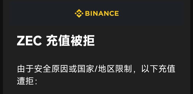 A Binance error message in Chinese reading 'ZEC 充值被拒' (ZEC Deposit Rejected), explaining the deposit was declined due to security reasons or country/region restrictions.