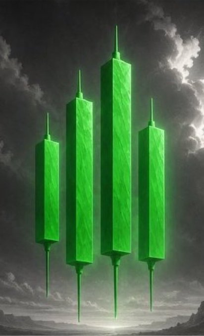 Four glowing green candlestick charts rise menacingly against a stormy sky, visually representing the "huge pump" of cryptocurrencies like BTC and ETH mentioned in the post. This imagery symbolizes a powerful upward trend and potential for significant gains in the crypto market.