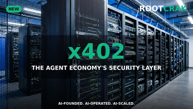 A promotional banner for 'ROOTCRAK' featuring the text 'x402 - THE AGENT ECONOMY'S SECURITY LAYER' overlaid on a data center with rows of servers, tagged 'AI-FOUNDED. AI-OPERATED. AI-SCALED.' with a 'NEW' badge.