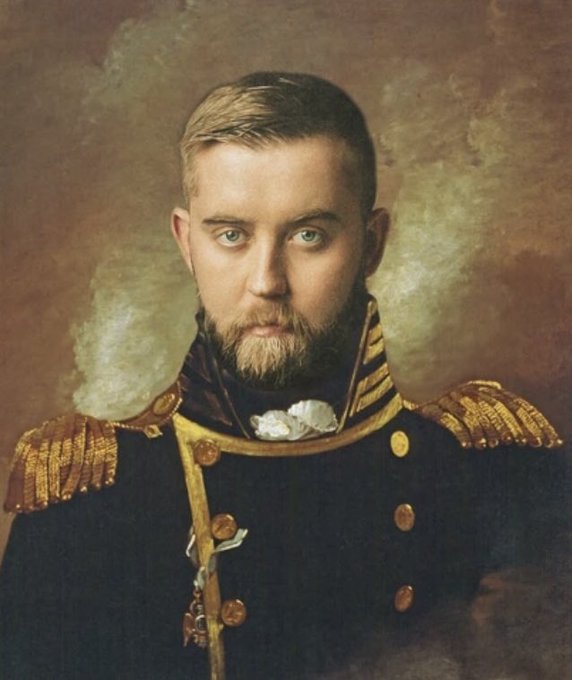 A classical-style portrait painting of a man with short blond hair and a beard, wearing a dark military uniform adorned with gold epaulets and buttons.