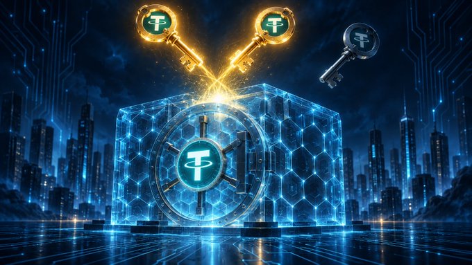 A futuristic digital artwork depicting a glowing blue hexagonal vault with golden keys featuring the Tether (₮) logo, set against a cyberpunk cityscape, symbolizing cryptocurrency security.
