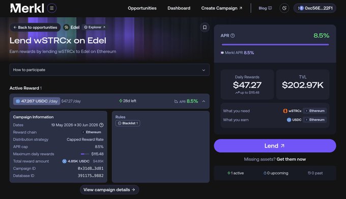 The image shows a page from a trading platform, likely a cryptocurrency exchange or marketplace, where information about different cryptocurrencies and their values is displayed. The text highlights that @merkl is becoming one of the cleanest TradFi yield sources available onchain, offering native USD yields with USDC incentives through a user-friendly interface.