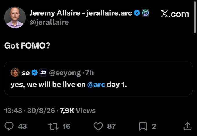 A screenshot of an X.com post by Jeremy Allaire (@jerallaire) saying "Got FOMO?" quoting @seyong who replied "yes, we will be live on @arc day 1."
