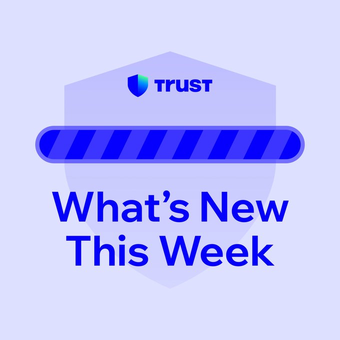 The image is a promotional graphic featuring the Trust Wallet logo (shield icon with "TRUST" text) above a blue striped banner, with the headline "What's New This Week" displayed in bold blue text against a light purple shield background. It visually reinforces the post's announcement of Trust Wallet's four weekly updates, including the upgraded Perps interface, new bStocks, Tron support via WalletConnect, and revamped charts.
