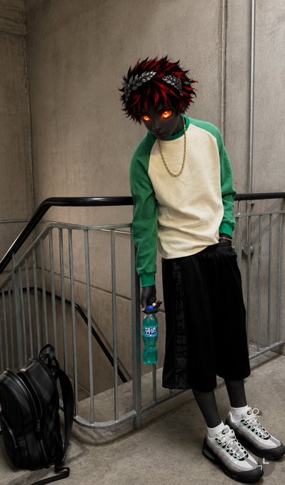 A stylized cosplay or AI-generated image depicts a dark-skinned character with glowing red eyes and spiky black and red hair, wearing a green and cream sweater with a gold chain, holding a Sprite bottle.