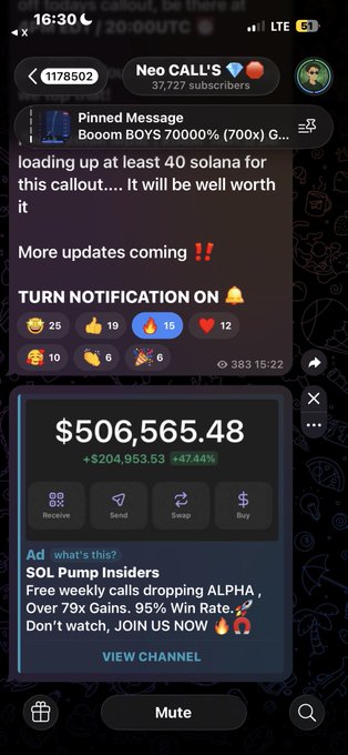 A Telegram message screenshot showing a pinned message from 'Neo CALL'S' about a 'Boom BOYS 70000% (700x)' callout, along with a crypto portfolio balance of $506,565.48 showing a +47.44% gain and an ad for 'SOL Pump Insiders'.
