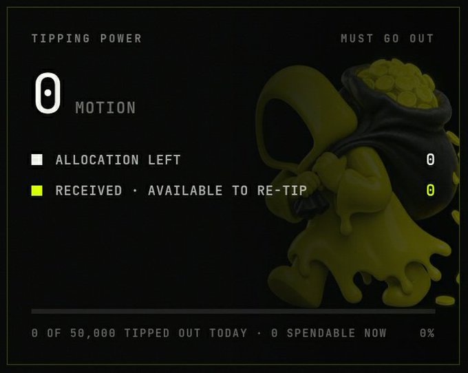 A screenshot of a 'TIPPING POWER' dashboard showing '0 MOTION' tips with a '0 OF 50,000 TIPPED OUT TODAY' counter and a green frog-like character holding a bag of coins.