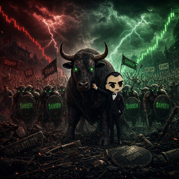A dramatic digital artwork titled 'SANSEM' featuring a man in a suit next to a large black bull with glowing green eyes, set against a stormy background with stock charts and warriors holding '$SANSEM' shields and banners reading 'DUMP', 'FUD', 'FEAR', 'WE WIN', and 'PUMP'.