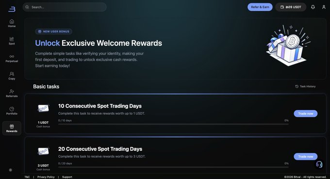 A crypto exchange rewards page showing tasks like '10 Consecutive Spot Trading Days' and '20 Consecutive Spot Trading Days' with USDT bonuses.