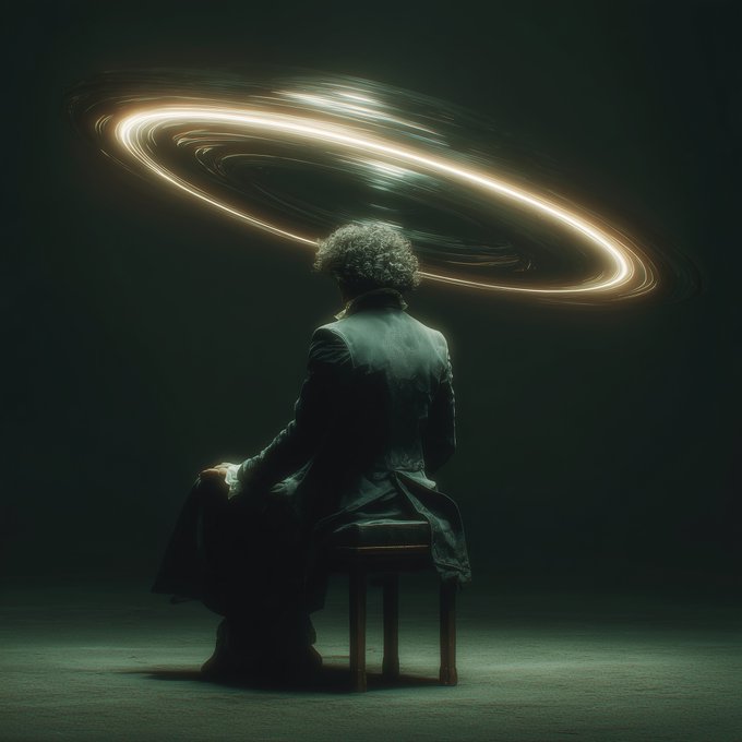 A surreal digital artwork shows a person with curly hair sitting on a stool from behind, wearing a dark coat, with glowing, ringed light trails forming a halo-like shape above their head against a dark background.