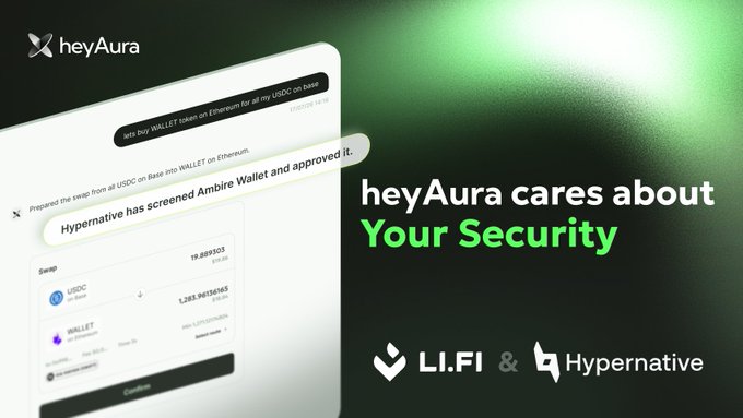 A promotional graphic for 'heyAura' with the text 'heyAura cares about Your Security' in green, featuring logos for 'LI.FI' and 'Hypernative' alongside a screenshot of a USDC to WALLET swap interface.