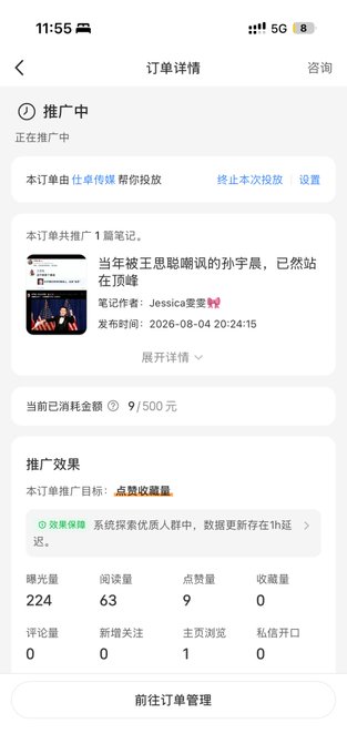 A Xiaohongshu order details page shows an active 500-yuan "薯条" (shutiao) promotion campaign on a note about Justin Sun (孙哥), with 9 yuan spent so far yielding 224 exposures, 63 reads, 9 likes, and 0 saves. The poster jokingly wonders who funded the promotion for their praise post about @justinsuntron, suggesting the image is the receipt confirming the mystery booster.