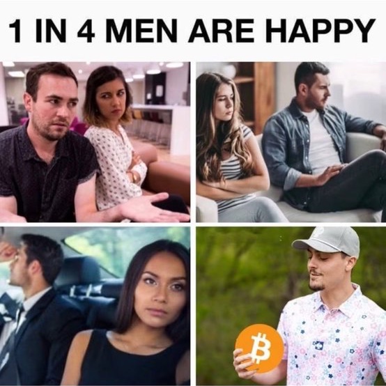 A meme-style collage captioned '1 IN 4 MEN ARE HAPPY' showing three men in unhappy scenarios with women, contrasted with one smiling man outdoors holding a Bitcoin logo.