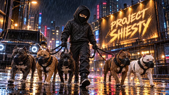 A stylized digital artwork titled 'PROJECT SHIESTY' shows a hooded figure walking multiple muscular dogs (appearing to be bully breeds) on leashes through a rainy neon-lit city street.