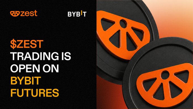 The image features a black background with two orange circles, one larger than the other, positioned at the center of the frame. The text "ZEST" is written above the circles, while the phrase "Bybit Futures" is below them. The caption reads "$ZEST is now listed on @Bybit_Official Futures with up to 10x leverage."