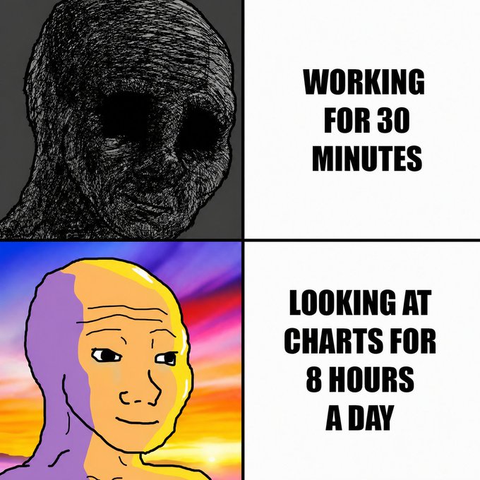 A two-panel meme comparing the grim experience of 'WORKING FOR 30 MINUTES' (depicted with a dark, tortured face) versus 'LOOKING AT CHARTS FOR 8 HOURS A DAY' (depicted with a blissful, colorful wojak-style face).