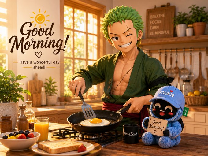 The image features a cartoon character wearing a green shirt and holding a frying pan with an egg inside of it. The character appears to be cooking breakfast for someone, possibly a friend or family member. In front of the character, there are two stuffed animals - one is blue and the other is black. A sign that reads "Good morning!" is also present in the scene.

The image seems to be related to a post on social media, as indicated by the caption provided. The post suggests that the person who posted it might need money flow in crypto or wants to invest in cryptocurrency.