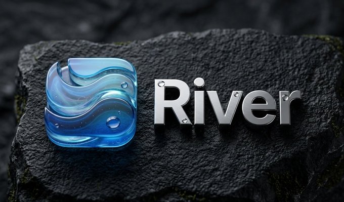 The image features a logo for a company named "River" that is displayed on a rock. The logo consists of the word "River" written in a stylized font, with blue waves surrounding the letters. Below the logo, there are three water droplets floating around it, adding to its visual appeal and reinforcing the theme of water. The image also includes text that reads: "GN CT Season 5 is proving one thing: consistency pays at @River4fun Share insights on @RiverdotInc's satUSD vision, earn River Points, and convert them into real $RIVER ownership". This message emphasizes the importance of consistency in achieving success and highlights the company's focus on providing valuable information to its followers.
