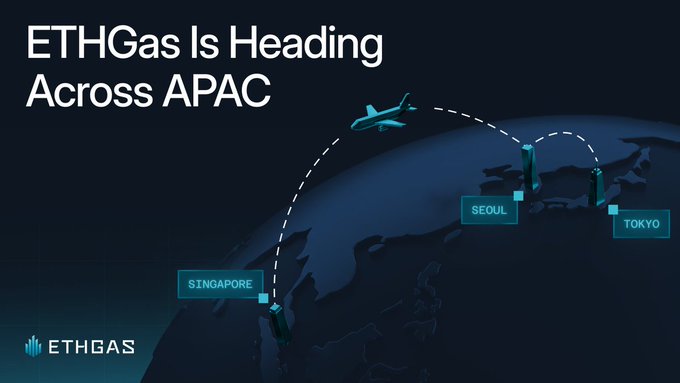 The image is a dark-themed promotional graphic titled "ETHGas Is Heading Across APAC," featuring a stylized globe with dashed flight paths connecting three highlighted cities: Tokyo, Seoul, and Singapore, along with the ETHGas logo and an airplane icon. It visually reinforces the post's announcement by mapping the team's two-week APAC tour to engage institutions, investors, and builders across those three cities.