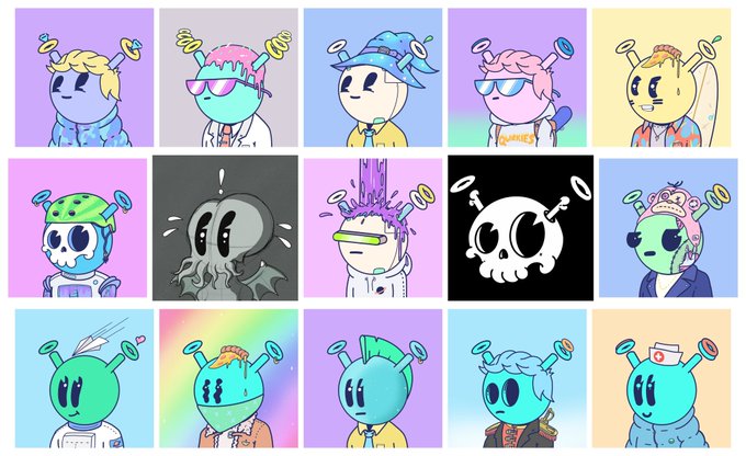 A grid of 15 colorful Quirkies NFT characters, each featuring distinctive round alien-like creatures with antennae and unique accessories, accessories, and color schemes. The image showcases the variety within the Quirkies collection that DigiToys is partnering with.