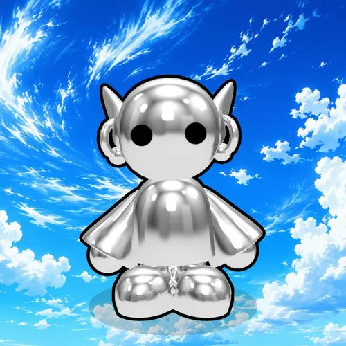 A shiny chrome-finished figurine of a stylized character with pointed ears and a cape, sitting against a bright blue sky background with wispy white clouds.