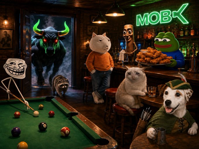 A dimly lit bar features a chaotic mix of meme characters—a green neon "MOBX" sign, a trollface with pool cues, a demonic bull, Cheems dog, Doge in medieval garb, Pepe serving fried chicken, and other internet icons—reflecting the wild, speculative nature of a "memecoins super cycle" where bizarre internet mascots collide in a surreal casino-like setting.