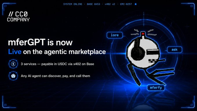 The image features a poster for a company called @mferGPT, which is now live on the cc0.company agentic marketplace. The poster includes a robot with headphones that appears to be listening to someone talking into a microphone. There are several buttons and icons related to the company's services, such as "mfergpt-lore" (which could possibly be a search engine), "@base", and "@mferGPT". Additionally, there is a button labeled "ask" for contacting the company or asking questions about their services. The image also contains text that reads: "mfergpt-mferfy / turn any image into mfer ... any AI agent can".