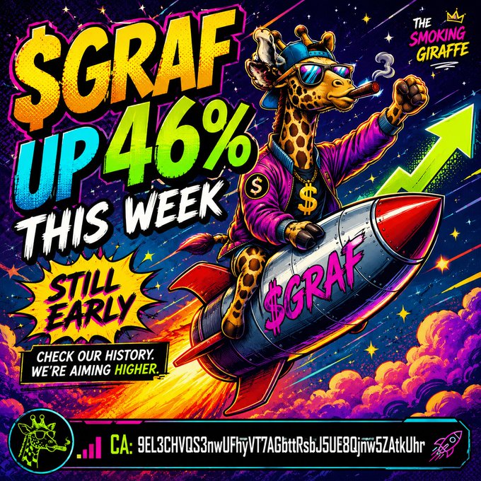A vibrant crypto promotional graphic featuring a giraffe in sunglasses riding a rocket, advertising '$GRAF UP 46% THIS WEEK' with text 'STILL EARLY' and a Solana contract address.