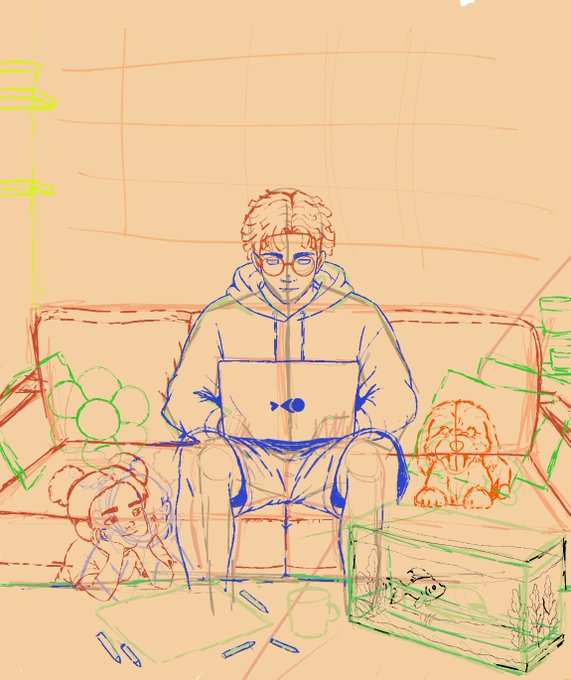 A young man with glasses and a hoodie sits on a couch sketching in a digital art program on his laptop, surrounded by a fish tank, stuffed animals, and drawings. The sketch-like illustration directly reflects the post's message about creating NFT artwork, showing the artist in the process of drawing.