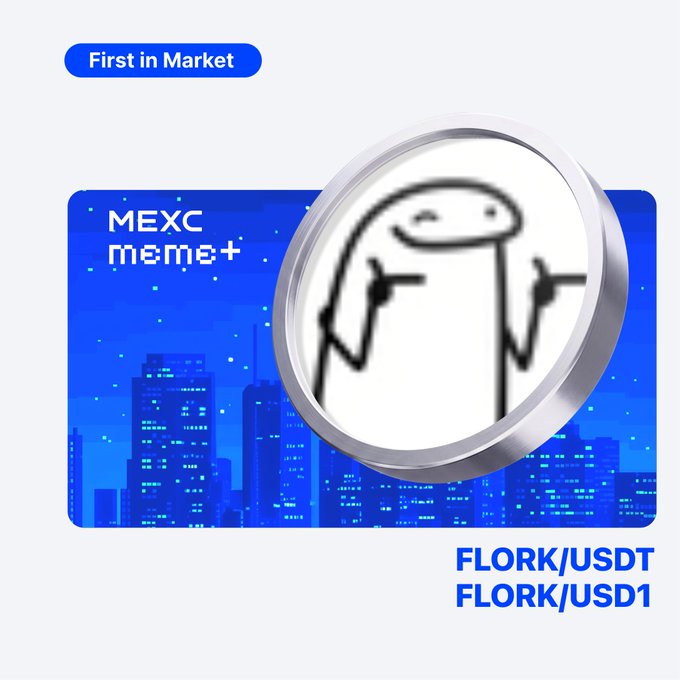 A promotional graphic for MEXC Meme+ featuring a "First in Market" badge and the Flork meme character displayed inside a magnifying glass against a blue city skyline background, advertising the FLORK/USDT and FLORK/USD1 trading pairs. The image visually highlights the new meme token listing mentioned in the accompanying post about trading $FLORK on MEXC.