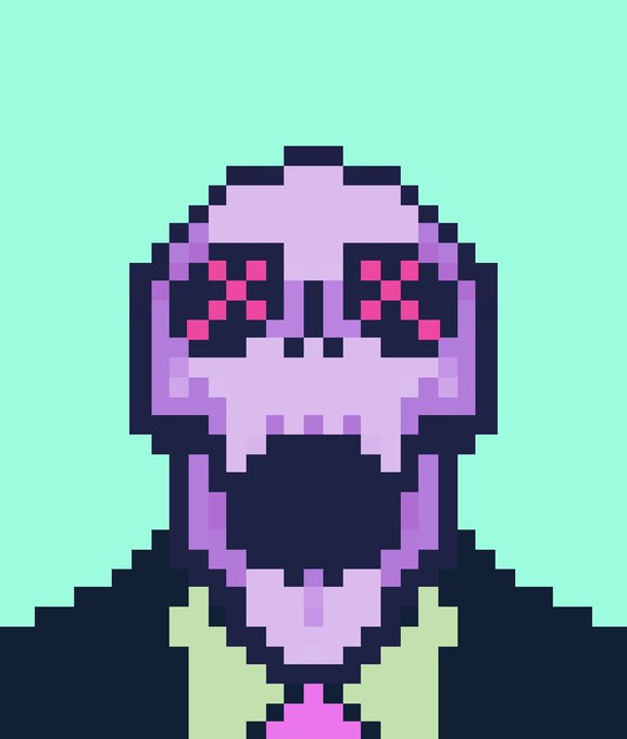 Pixel art portrait of a purple skeletal figure with pink, pixelated X-shaped eyes against a mint green background.