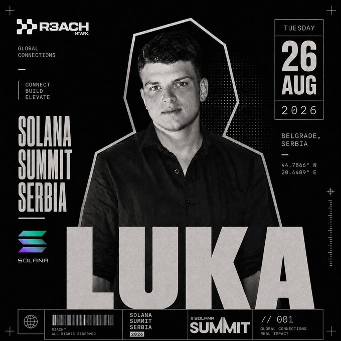 A black-and-white promotional graphic for "Solana Summit Serbia" featuring a portrait of Luka with "R3ACH NETWORK" branding in the top left, showing the date "Tuesday 26 Aug 2026" and location "Belgrade, Serbia" alongside coordinates 44.7866° N, 20.4489° E. The poster aligns with the announcement of Luka, Head of Strategy at R3ACH, speaking at the Solana Summit event taking place August 26-27 at Sava Centar in Belgrade.