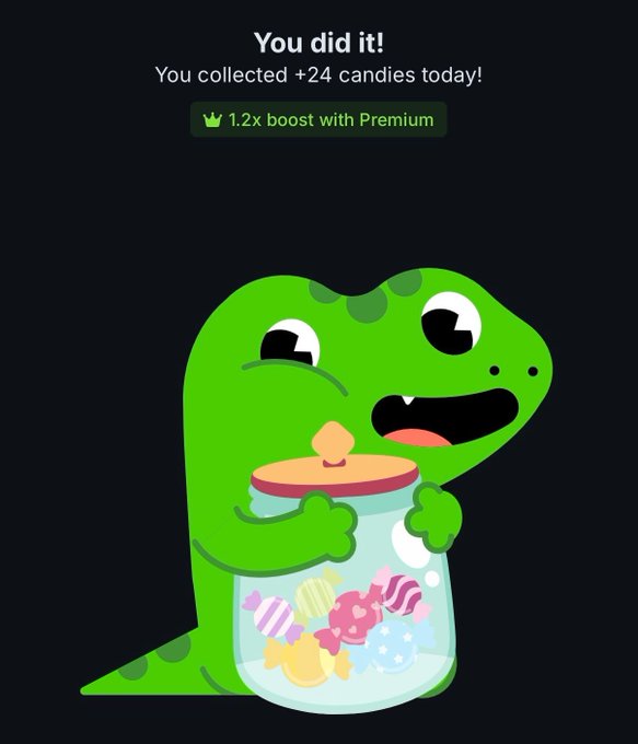 A green cartoon dinosaur, Duolingo's mascot, proudly holds a jar filled with colorful candies beneath the text "You did it! You collected +24 candies today!" and a "1.2x boost with Premium" badge, celebrating a user's daily learning streak in the gamified language app.