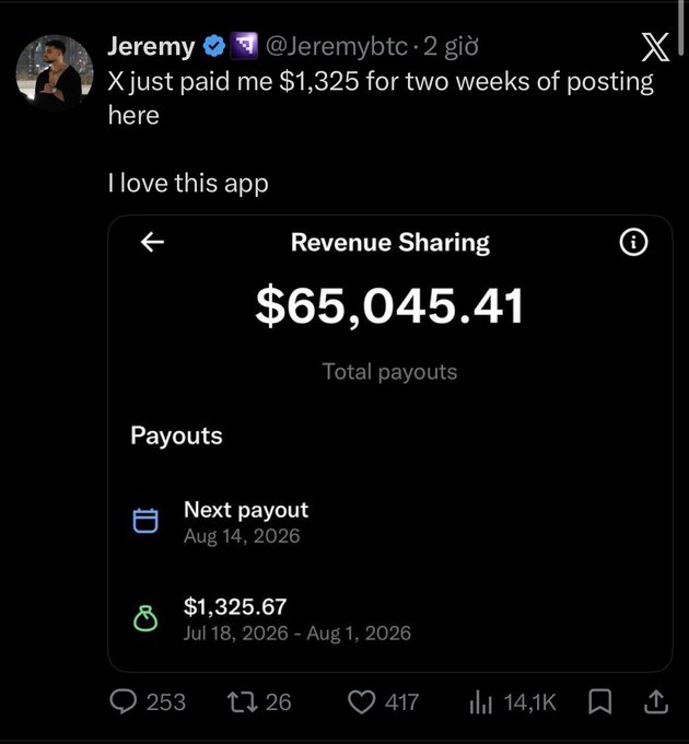 Screenshot of a tweet from Jeremy (@Jeremybtc) sharing that X paid him $1,325 for two weeks of posting, accompanied by a revenue sharing dashboard showing total payouts of $65,045.41.