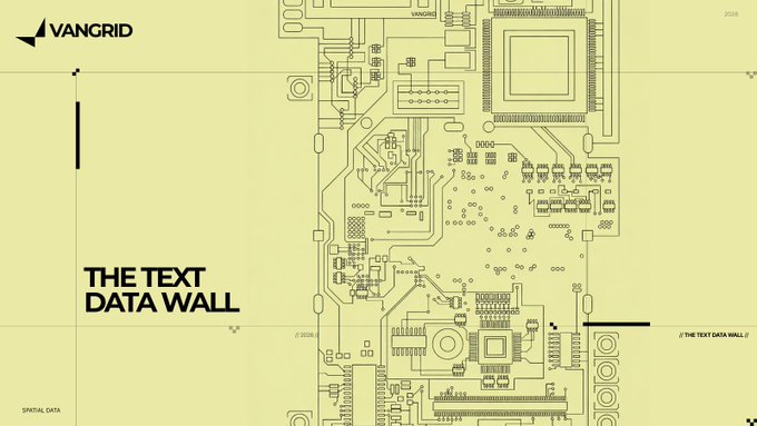 The image is a yellow-toned, technical-style graphic featuring a detailed illustration of a computer motherboard or circuit board as its central visual element. In the top-left corner, the "VANGRID" logo and brand name are displayed alongside a small geometric icon. Large bold text on the left side reads "THE TEXT DATA WALL," with smaller text below stating "SPATIAL DATA" and "// THE TEXT DATA WALL //" on the right. Numerical labels "2026," "2027," and "2028" appear at various points on the design, which includes framing lines, tick marks, and annotations resembling a blueprint or schematic layout.

The image relates to the post by visually representing Vangrid's technological infrastructure, with the circuit board symbolizing the distributed network of smartphones capturing spatial data, while "THE TEXT DATA WALL" likely refers to the constraint or challenge of limited real-world physical data for training Physical AI systems.