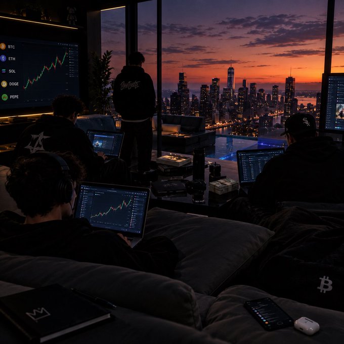 An illustrated scene of a group of crypto traders monitoring charts for BTC, ETH, SOL, DOGE, and PEPE in a high-rise apartment overlooking a city skyline at sunset.