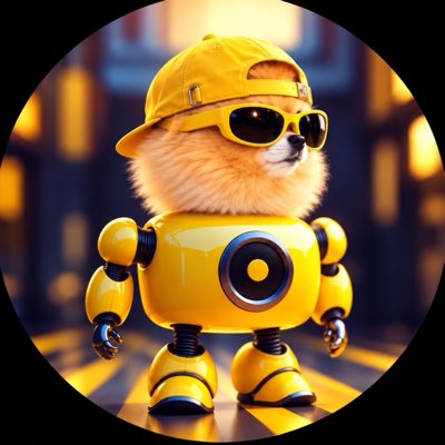 A digital illustration of a Pomeranian dog wearing yellow sunglasses and a yellow cap, with its body stylized as a yellow robot with a circular chest piece, set against a blurred city background.